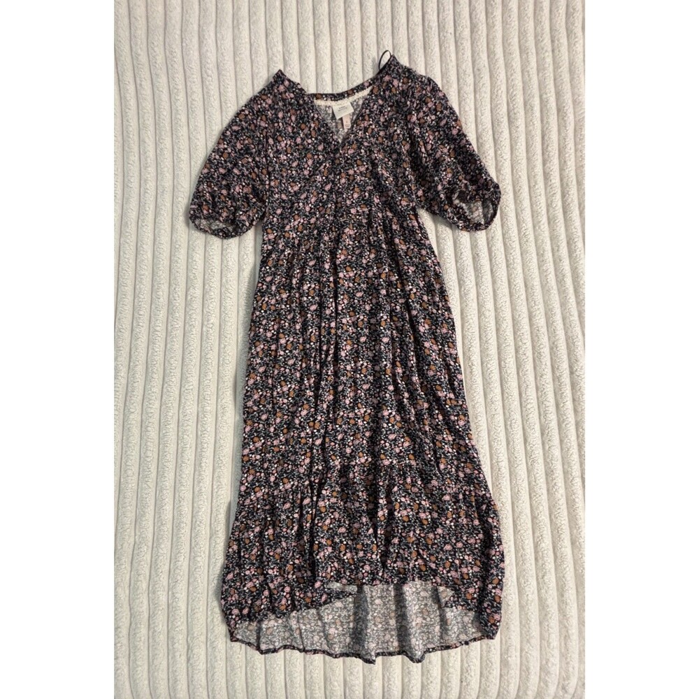 Knox Rose black Boho poet Tiered Dress ditsy Floral black Balloon Sleeves Size S